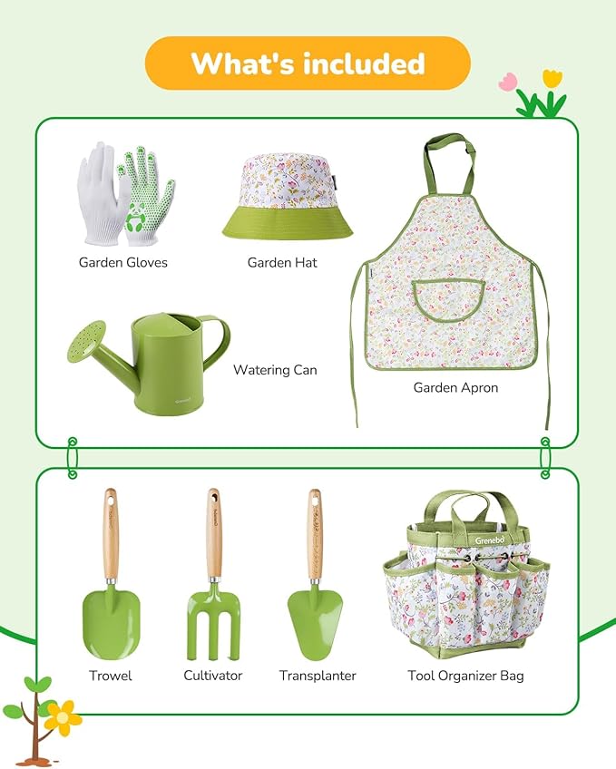 Kids Gardening Set Toys Quality Garden Tool Kit for Kids and Toddlers Includes Two Shovels Garden hatRake ApronGloves Watering Can and Tool Bag (Green)