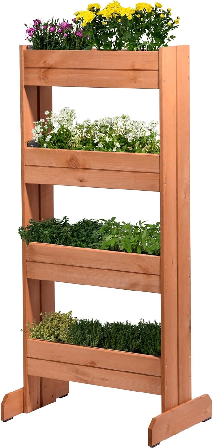 dobar® 58372FSCe Vertical Flower Bed Solid Wood | Vertical Raised Bed with 4 Planters | Vertical Bed for Garden/Patio/Balcony | Flower Stairs Including Plant Film | 55 x 40 x 125 cm | Brown