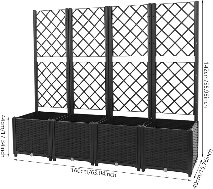 4Pcs Planter Box with Trellis Plastic Raised Garden Bed with Trellis &amp Drainage Holes Privacy Planter Boxes for Climbing Plant Flowers Vegetables for Garden Backyard Patio(Black)