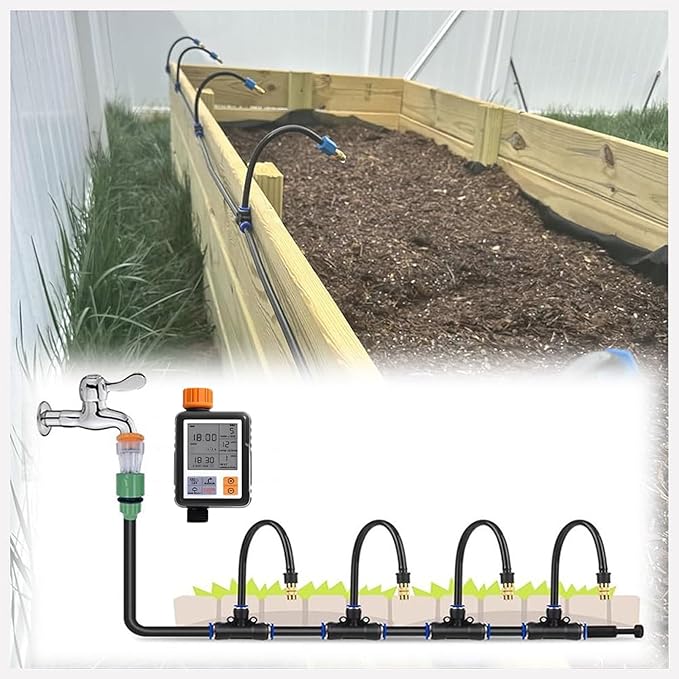 Irrigation System Kit Automatic Drip Irrigation System 360° Bendable Garden Irrigation Systems Garden Watering System Adjustable Bendable Nozzle Copper Sprayer System for Garden 30m/98.5ft+Timer