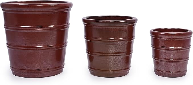 Handmade Glazed Ceramic Planter Set of 3 161310 Inch Diameter Horizontal Rib Design for Monstera and Fiddle Leaf Fig Outdoor G Indoor Staircase Use Breathable Clay Deep Brown