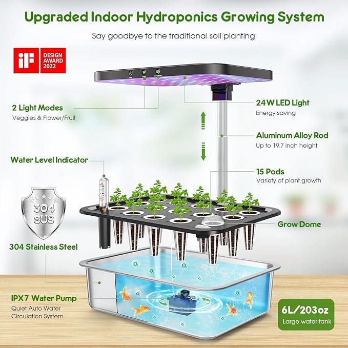 Indoor Garden Hydroponics Growing System: 15 Pods Stainless Steel Herb Garden Kit with Grow Light Plant Germination Kit 6L Large Tank Quiet Pump Auto Timer Christmas Gardening Gift for Women
