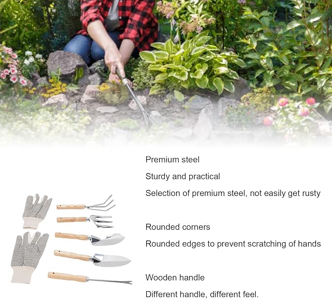 Tissting 6-in-1 Garden Tool Set with Stainless Steel &amp Wood Handle 5-Piece Gardening Kit with Gloves for Planting Vegetables Flowers in Yard Balcony