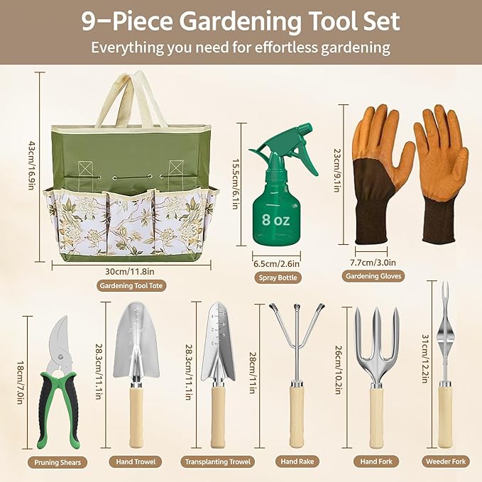LASZOLA 9 Pcs Garden Tools Set with Tote Bag and Hand Trowel Rake Shovel Heavy Duty Stainless Steel Gardening Kit for Outdoor Plant Standable Portable Handbag Organizer Ideal for Women Mom Green