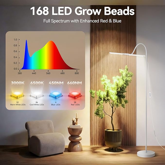 3CCT Grow Lights for Indoor Plants 168 Full Spectrum LED Plant Light for Indoor Growing with 180° Expandable Lamp Head 4/8/12H Dimmable 67in Tall Adjustable Standing Grow Light with 360° Gooseneck