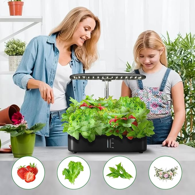 Hydroponic Growing System with Touchscreen LCD Display 12-Section Indoor Herb Gardening Kit with Full Spectrum Plant Grow Lights Flexible Timer Pump and Adjustable Shade (Black)