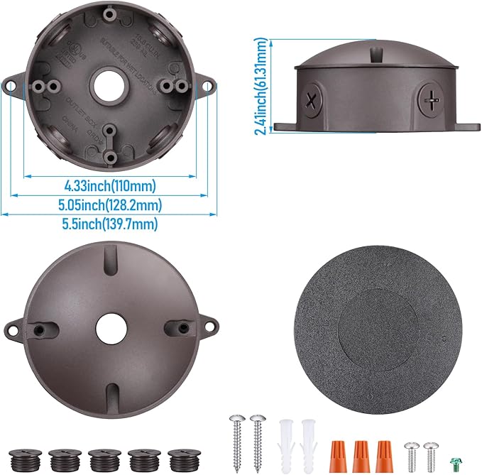 LEONLITE Adjustable LED Flood Light Bundle Round Outlet Box 1-Pack 25W Flood Lighting 3CCT Bronze &amp 1-Pack Six 1/2-In Knockouts Round Outdoor Electrical Box Brown
