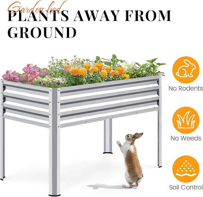 KING BIRD Large Raised Garden Bed with Legs Galvanized Elevated Planter Box 48×24×32 in for Backyard Patio Balcony 400lb Capacity Silver 2pcs
