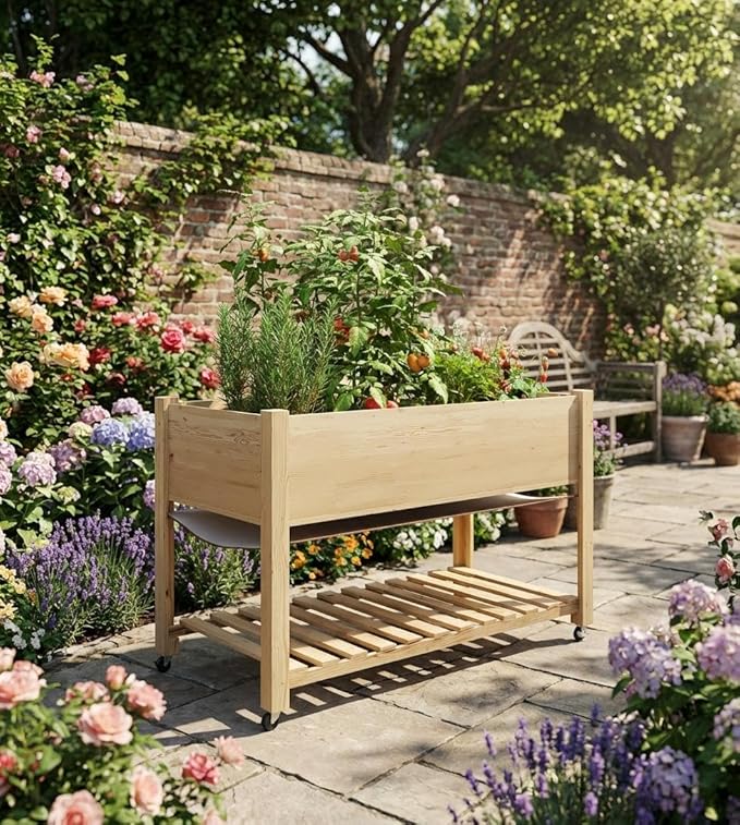 Elevated Garden Bed with Wheels and Legs – Large Wooden Planter Box with Bottom Shelf Protective Liner – Outdoor Patio and Backyard Container for Vegetables Herbs and Flowers