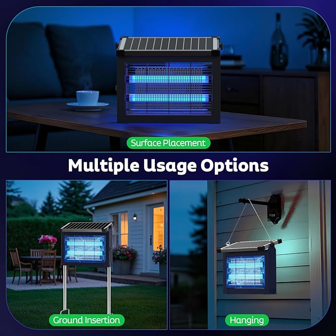 Solar Bug Zapper Outdoor Mosquito Zapper Waterproof Electric Fly Zapper Rechargeable Mosquito Killer Lamp with 10W Solar Panel 4500V Cordless Fly Trap for Backyard Patio Garden RV Camping