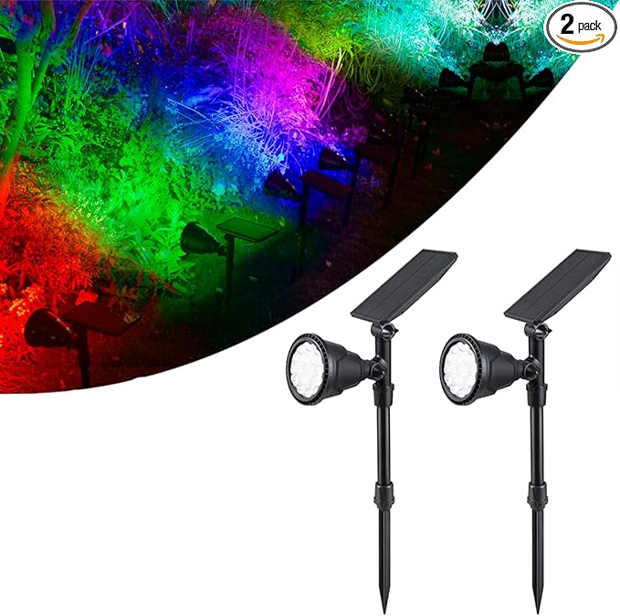 Solar Spot Lights Outdoor 2pack IP65 Waterproof18 LEDs Landscape Lighting with Warm White + RGB Color Changing for Garden Yard Backyard Driveway Pathway