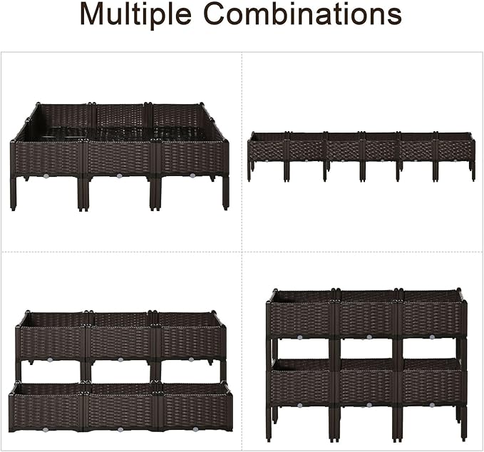 6-Piece Raised Garden Bed Kit – Self-Watering Weather-Resistant Outdoor Planter Boxes with Drainage for Flowers Vegetables 110 Lbs Capacity Suitable for Garden and Other Scenarios