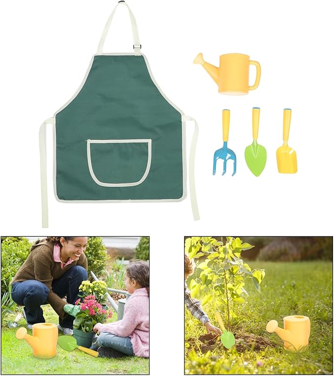 Mini Garden Tool Set with Loosening Shovel Mini Rake Watering Can and Apron for Outdoor Planting and Gardening Activities