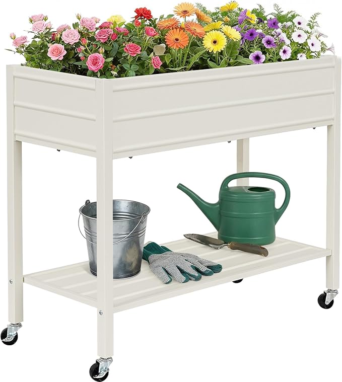ZORMY 32 Tall Galvanized Raised Garden Bed with Legs Wheels &amp Shelf Elevated Planter Box Outdoor for Vegetables Herbs &amp Flowers Patio &amp Backyard Garden Bed with 400lb CapacityWhite