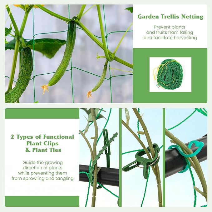 Giantex Set of 2 Raised Garden Bed w/Trellis &amp Plant Cage Planter Box w/ 71” Cucumber Trellis Round Raised Bed w/ 58.5” Tomato Cage PE-Coated Metal Adjustable Height for Climbing Plant