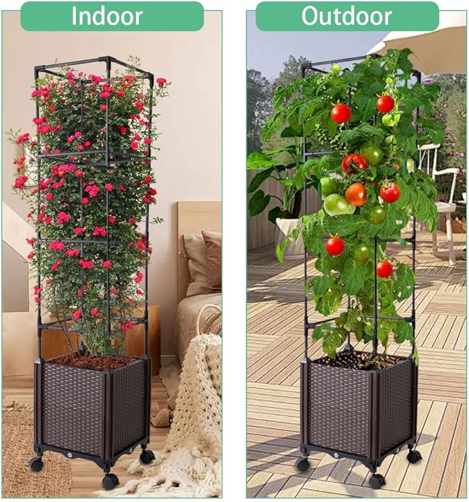 Raised Garden Bed with Tomato Cage &amp Trellis 56 Self-Watering Tomato Planter Box for Vegetables Flowers | Lockable Wheels Vertical Gardening | Indoor Outdoor Patio Use Easy Assembly