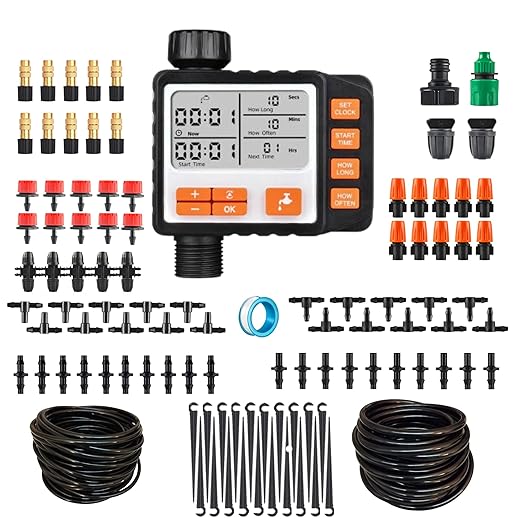 Drip Irrigation System Kit with Timer Metal Mist Plastic Mist Nozzle Red Dripper 1/4 (65.6 feet) and 5/16 Tube (32.8 feet)Automatic Watering System Garden Watering System with Timer Greenhouse
