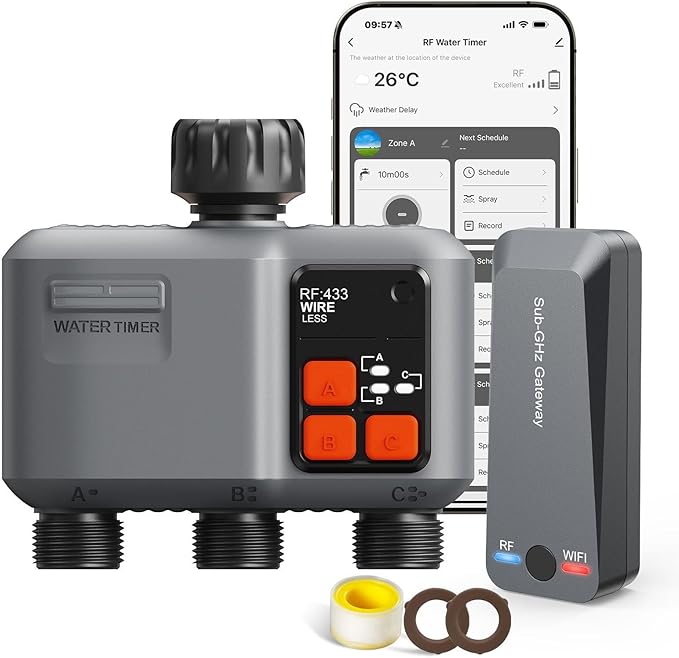 WiFi Sprinkler Timer 3 Zone with 984 Feet RF Gateway 3 Outlet Smart Water Timer for Garden Hose with Rain Delay/Manual/AutomaticWiFi Water Hose Timers for Garden &amp Lawns