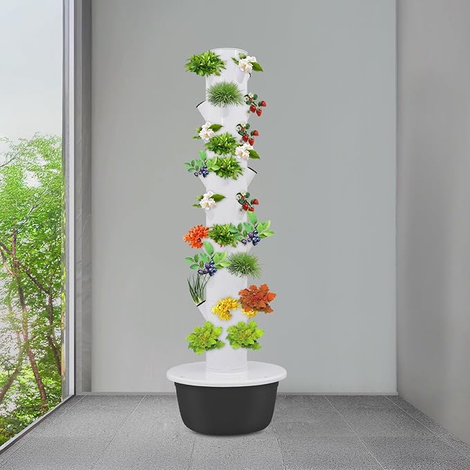 Hydroponics Growing Tower 20 W 36-Plant Spots Garden Planter 9-Tier Planter Germination Kit with Loop Timer &amp Submersible Pump for Flowers Vegetables Leafy Greens（White + Balck）