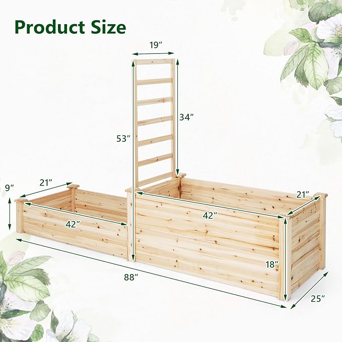 Giantex Raised Garden Bed with Trellis Set of 2 Wood Shallow &amp Deep Planter Box for Climbing Plants Cucumber Vegetables Flowers Herbs Fruits Easy Assembly Outdoor Rectangular Floor Gardening Be
