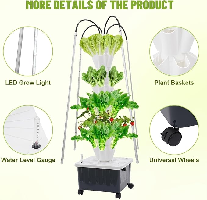Vertical Hydroponic Tower Garden Kit - 40 Plant Indoor Growing System with LED Grow Lights 8-Tier Planter on Wheels Smart Timer for Herbs Fruits and Vegetables