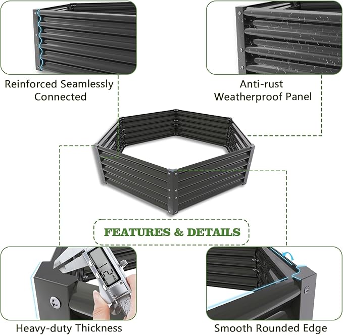 A ANLEOLIFE Hexagon Galvanized Metal Raised Garden Bed Outdoor 70x60x18in Deep Metal Planter Box for Flowers Herbs &amp Vegetables 18'' Tall Decorative Raised Bed Quartz Grey