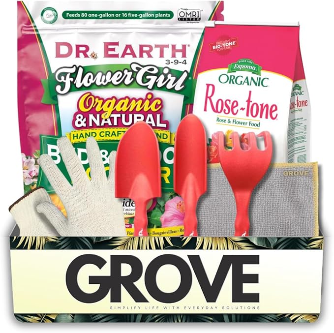 Plant Food by Dr. Earth Granules 4 lb Bundle with Rose-Tone Granules Plant Food 4 lb Microfiber Cloth Work Gloves Garden Tool Set – Granular Fertilizer for Vegetable Garden – Gift Set (5 Items)