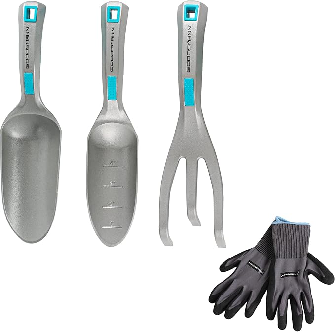 GOODSMANN Garden Tools Set 3 Piece All One Piece Die-Cast Aluminum Gardening Kit Hand Shovel Hand Transplanter and Hand Cultivator Shovel Soils Scoop Triple Claw Rake for Digging Planting