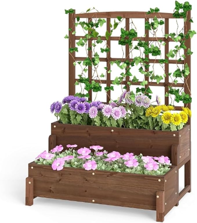 2-Tier Planter Box with Trellis Wood Garden Freestanding Elevated Planter with Legs Hanging Roof Drainage Holes for Vine Climbing Plants Flowers Raised Garden Bed for Garden Patio Yard