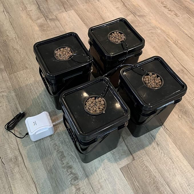Deep Water Culture DWC Hydroponic Bubbler Buckets 5 Gallon 4 Site with Air Pump and Air Stones