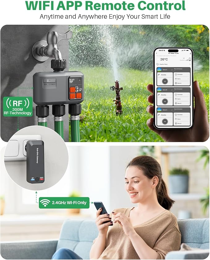 WiFi Sprinkler Timer 3 Zone with 984 Feet RF Gateway 3 Outlet Smart Water Timer for Garden Hose with Rain Delay/Manual/AutomaticWiFi Water Hose Timers for Garden &amp Lawns