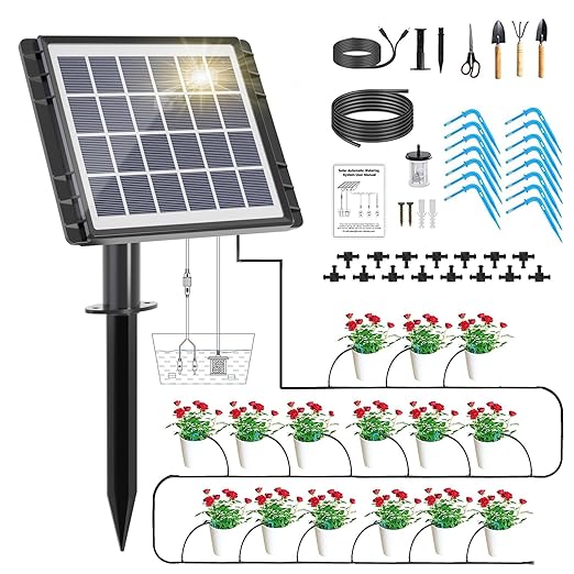 49FT Solar Drip Irrigation System Auto Watering Kit for 15 Pots Solar-Powered Plant Watering 25 Timer Modes 900ml/min Flow Indoor/Outdoor Garden Balcony &amp Patio Irrigation System