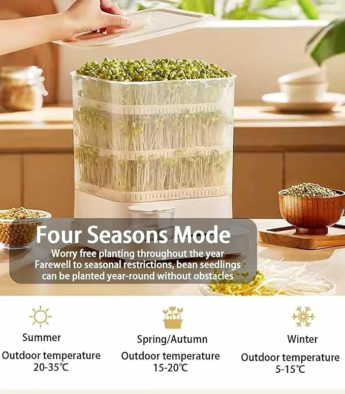 Automatic 3-Layer Home Bean Sprout Machine with 1.5L Water Tank and 360° Automatic Spray
