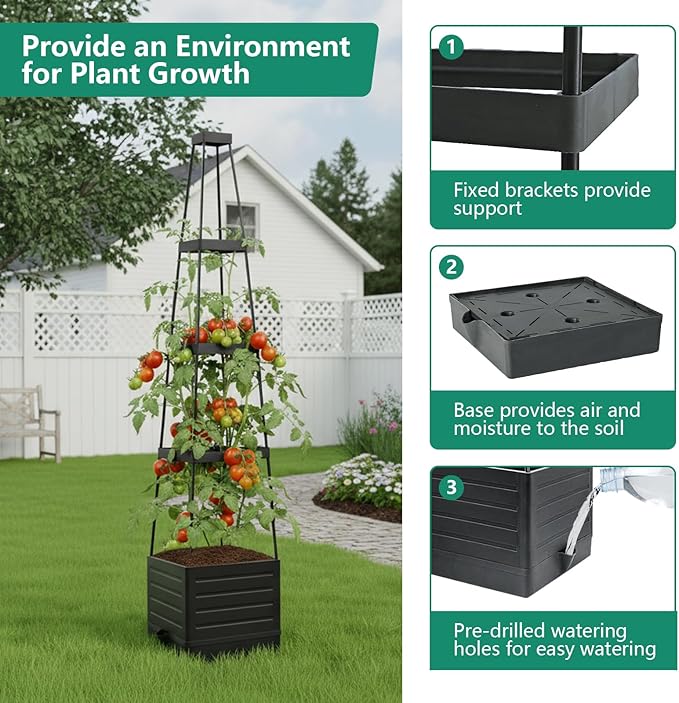 2 Pack Raised Garden Bed Planter Box with Trellis 58”Tomato Planter with Trellis for Climbing Plants Vegetables Vine Flowers Self-Watering Tomato Cage for Garden Patio Outdoor &amp Indoor