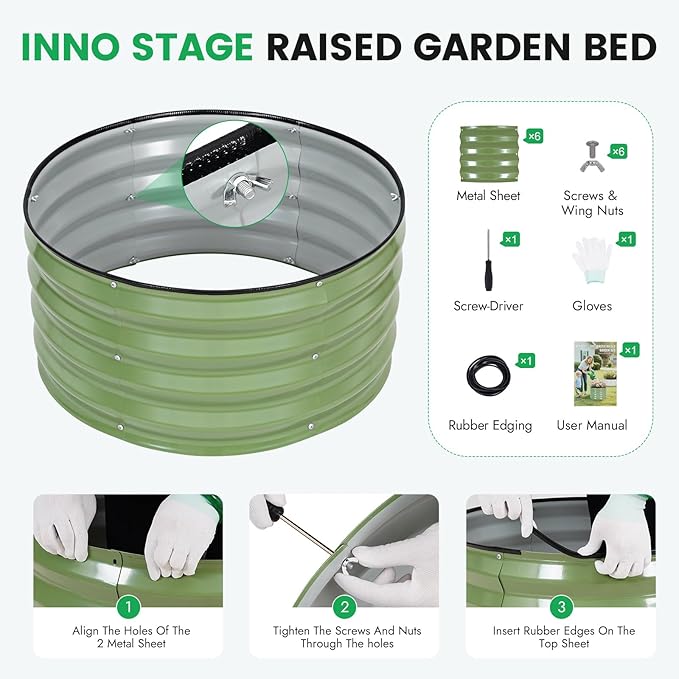 INNO STAG 3 Pcs Round Galvanized Raised Garden Bed — 2×2×1ft Planter Box Outdoor Raised Beds Kit for Gardening Vegetables Fruits Herbs and Flowers Olive Green