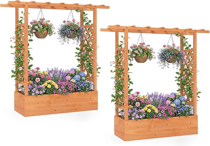 HAPPYGRILL Raised Garden Bed with Trellis &amp Hanging Roof 45 Tall Wooden Planter Box with Drainage Holes Outdoor Wood Elevated Garden Bed for Climbing Plants Vines Vegetables Flowers (Orange2)