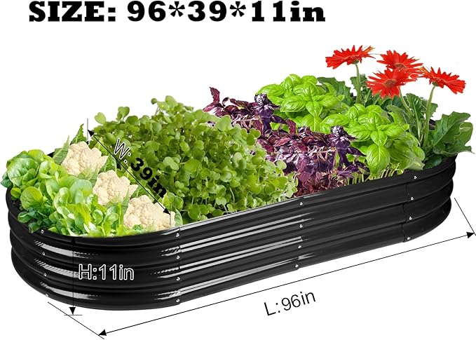 Raised Garden Bed GRS Certified Galvanized Planter Box Outdoor 8ft Oval Rot-Resistant Metal Garden Bed Planter Recycled Eco-Friendly Material Planter for Vegetables Flowers Herbs (Black)