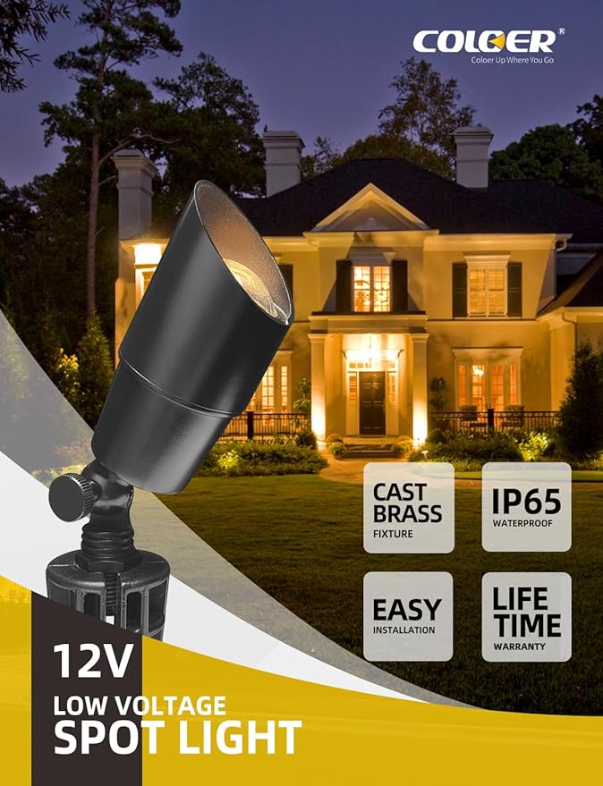 COLOER Brass Low Voltage Landscape Spotlight(Black) 6-Pack with 5W Aluminum Housing MR16 LED Bulb 2700K 450LM CRI85+12V AC/DC Outdoor Uplighting Directional Garden Patio Spot Up Light(101B-Black)