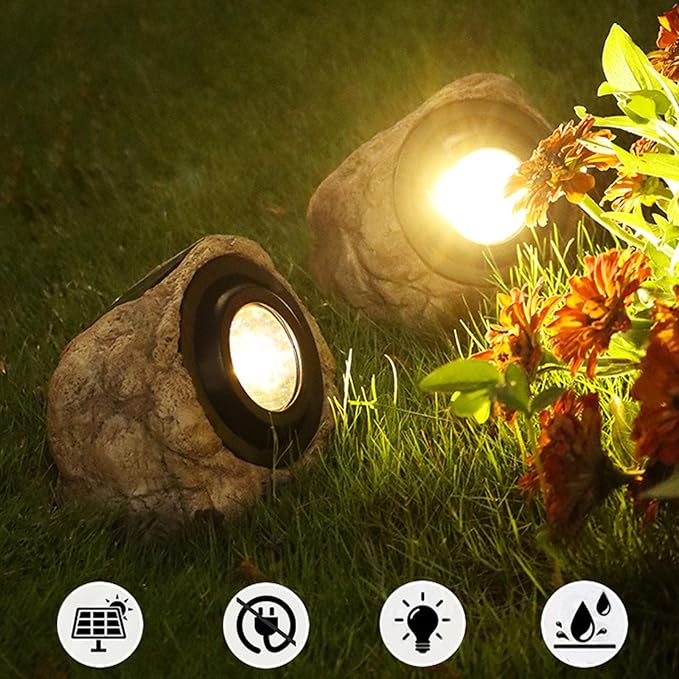 Solar Garden Rock Lights Outdoor - 2 Pack IP65 LED Waterproof Solar Spotlight Solar Powered Landscape Lights Decorative Garden Stone Lights for Pathway Walkway Yard PatioBrown