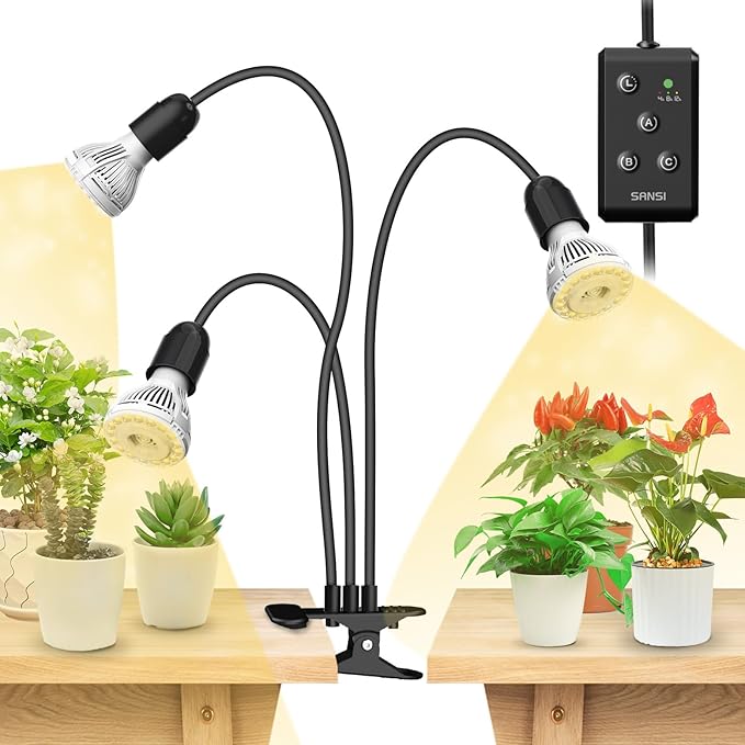 SANSI LED Grow Lights for Indoor Plants Lifetime Free Bulb Replacement 450W Full Spectrum 3-Gooseneck Clip Plant Grow Light Plant Light with Timer 4/8/12 Hrs High PPFD Growing Power Grow Lamp