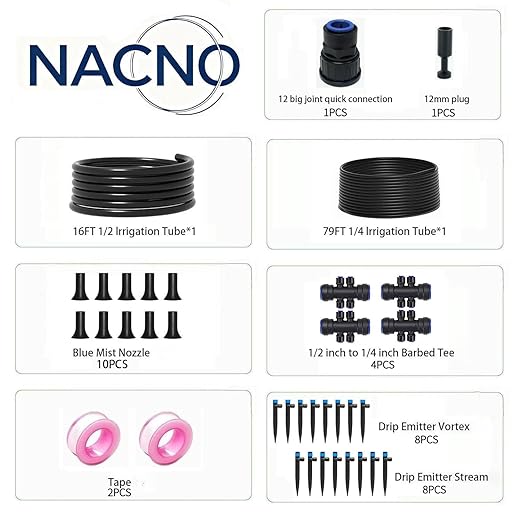 Drip Irrigation Kit Quick Connect Garden Watering System for Lawn Raised Bed Greenhouse Automatic Sprinkler Parts with 16FT 1/2 Main Pipe + 79FT 1/4 Tubing