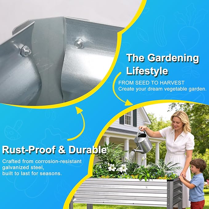 Large Galvanized Raised Garden Bed Outdoor with Legs Load Capacity 1200LB 48x26x30in Metal Elevated Raised Planter Box for Backyard/Patio/Balcony/Gardening/Vegetables Flowers Sliver