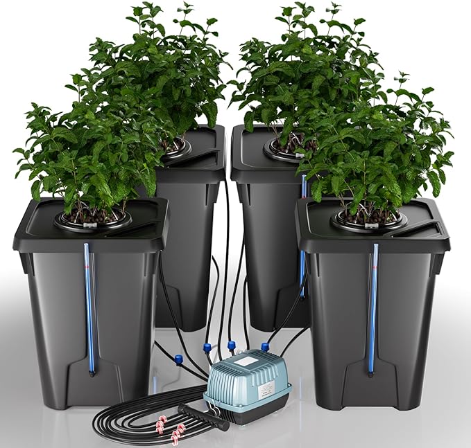 4 Buckets DWC Hydroponics Growing System with Top Drip Kit 7 Gallon Deep Water Culture Bucket System with Air Pump Air Stone Air Hose Recirculating Drip Garden System
