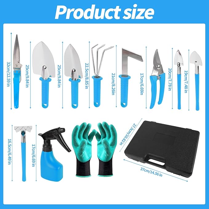 Gardening Tool Set 11 Pieces Gardening Tools with Carrying Case Garden Tool Kit for Digging Planting Pruning Unique Gardening Set with Gloves for Women and Men (Blue)