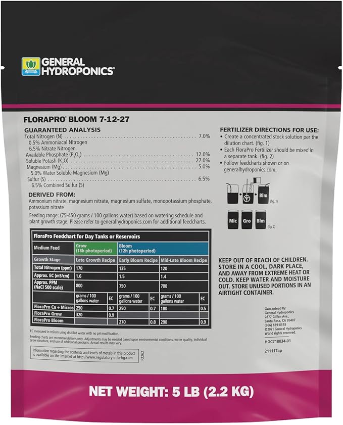 General Hydroponics FloraPro Bloom 7-12-27 Nutrient for Commercial Cultivation 5 lbs.