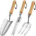 Berry&ampBird Gardening Hand Tool Set - 3PCS Stainless Steel Garden Tool Kit Multifunctional Tool with Wooden Handle Trowel Fork &amp Weeder for Weeding Planting Transplant Ideal Garden Gift for W