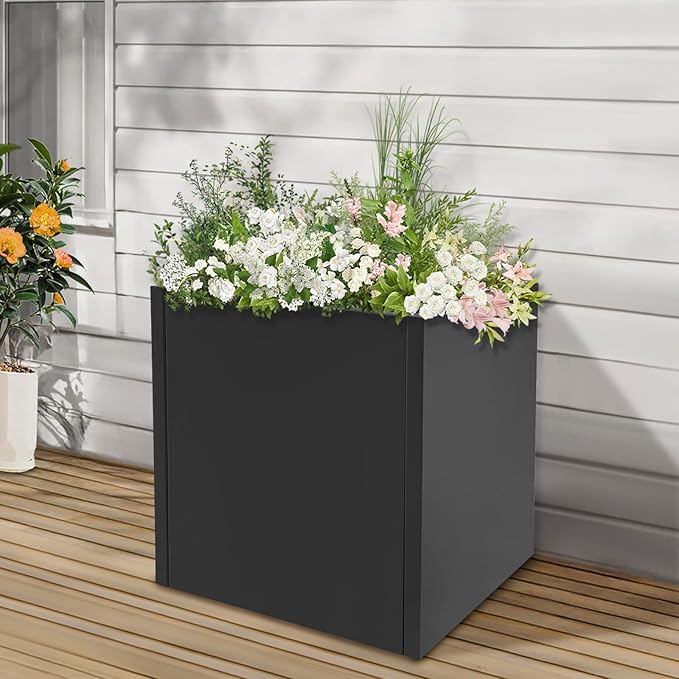 Raised Garden Bed 17 * 17 * 18in Steel Square Planter Flower Box for Indoor Outdoor Balconies Gardens Decks Patios Decks Front Porches (Black)