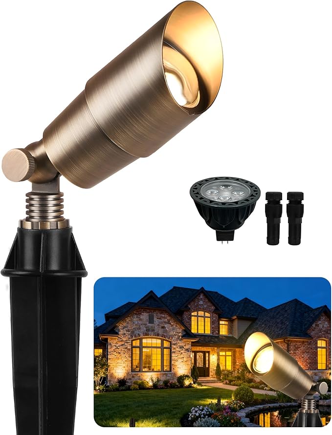 PARTPHONER Solid Brass Low Voltage Landscape Lighting Wired 12V LED Landscape Spotlights with Aluminum Housing MR16 Bulb Heavy Duty Outdoor Waterproof Up Lights for Garden Yard Trees 1Pack