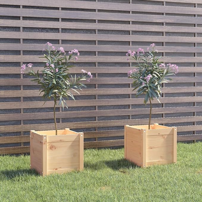 15.7in Rustic Pine Raised Garden Box Set of 2 Untreated Solid Wood Elevated Planter for Balcony Patio Indoor Outdoor Use Square Large Outdoor Planters for Herbs Flowers Veggies