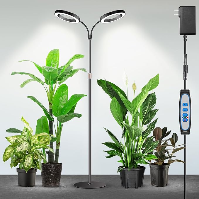 Garpsen Halo Grow Lights Dual-Head Full Spectrum LED Plant Lights for Indoor Growing with Stand 3 Color Modes Grow Lamp with Timer 6/12/16H 5 Dimmable Levels 168 LEDs and 67''Height Adjustable